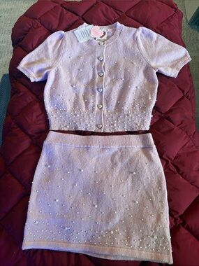 Lovlov 2 pc pearl studded sweater and skirt set